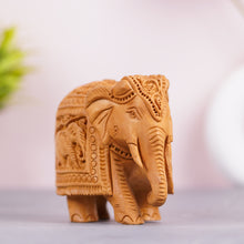 Handcrafted Wooden Elephant Figurine – Intricate Caparison & Baby Elephant Carving