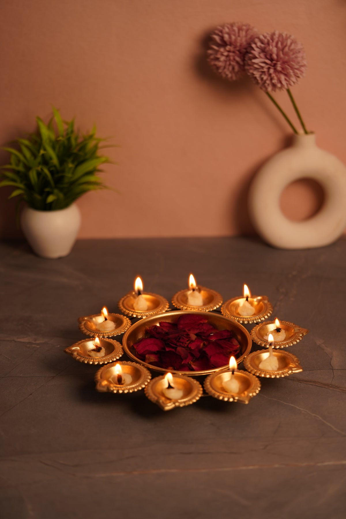 Gold Lotus Urli Diya Holder — 9 Diya Decorative Thali