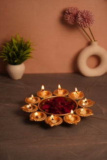 Gold Lotus Urli Diya Holder — 9 Diya Decorative Thali