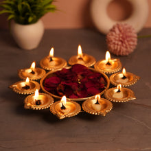 Gold Lotus Urli Diya Holder — 9 Diya Decorative Thali