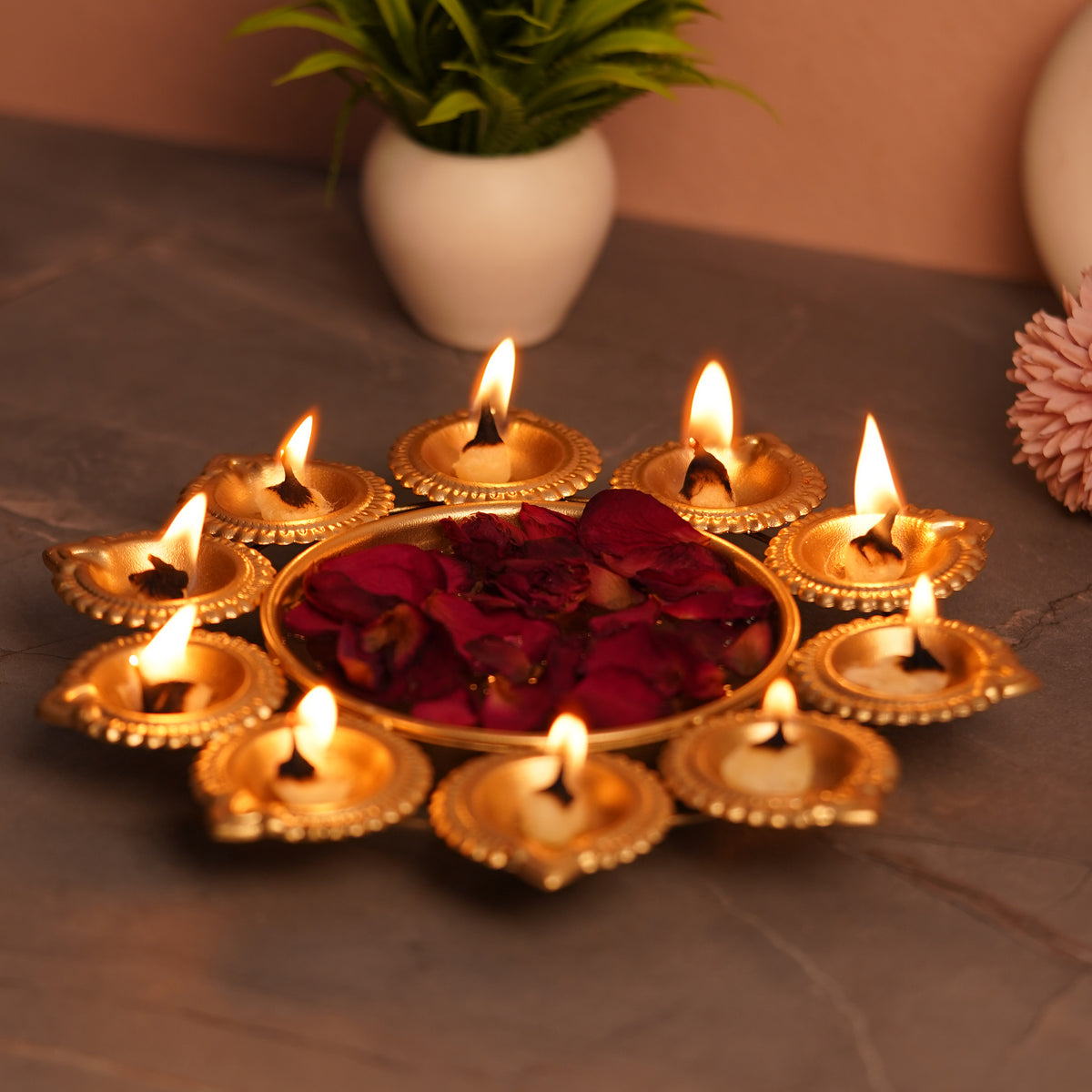 Gold Lotus Urli Diya Holder — 9 Diya Decorative Thali