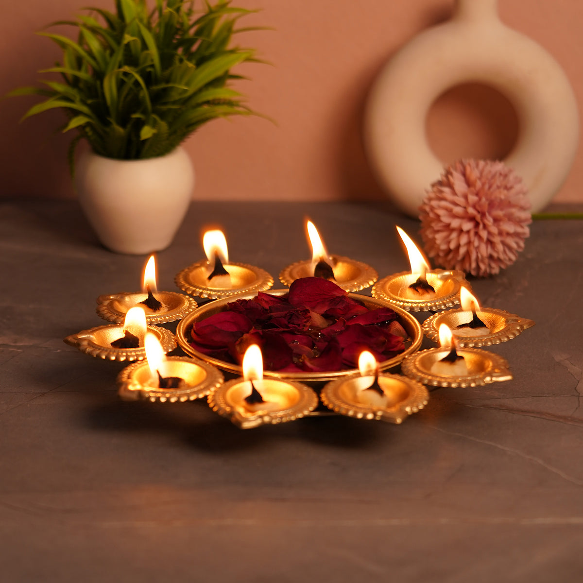 Gold Lotus Urli Diya Holder — 9 Diya Decorative Thali