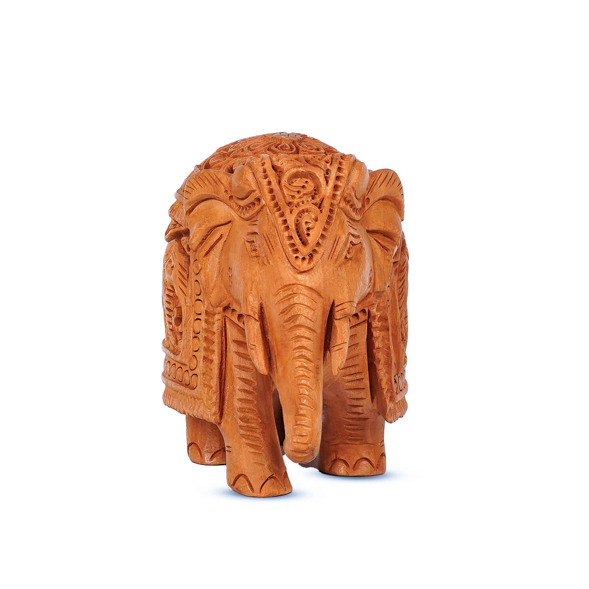Handcrafted Wooden Elephant Figurine – Intricate Caparison & Baby Elephant Carving