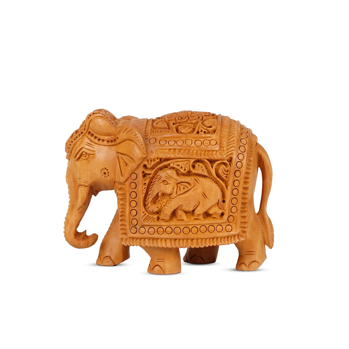 Handcrafted Wooden Elephant Figurine – Intricate Caparison & Baby Elephant Carving