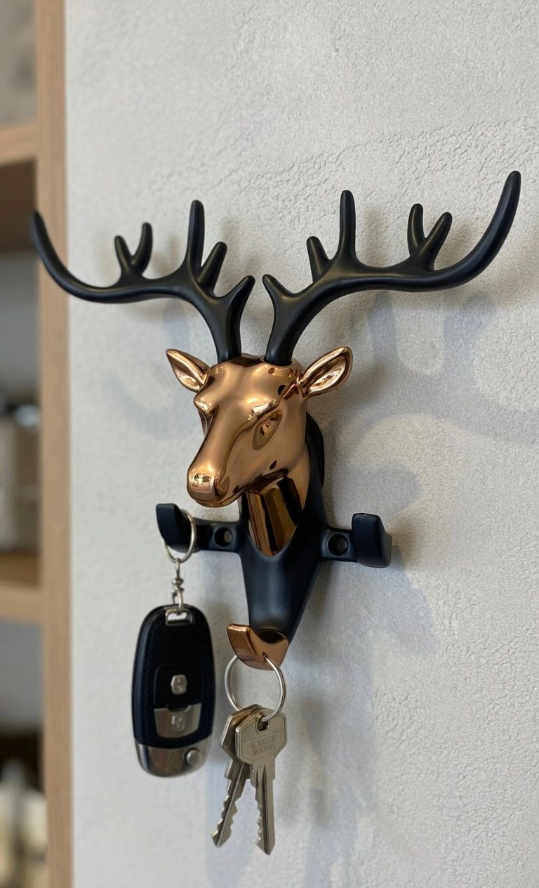 Deer Head Wall-Mounted Key Holder – Decorative Antler Hook Organiser