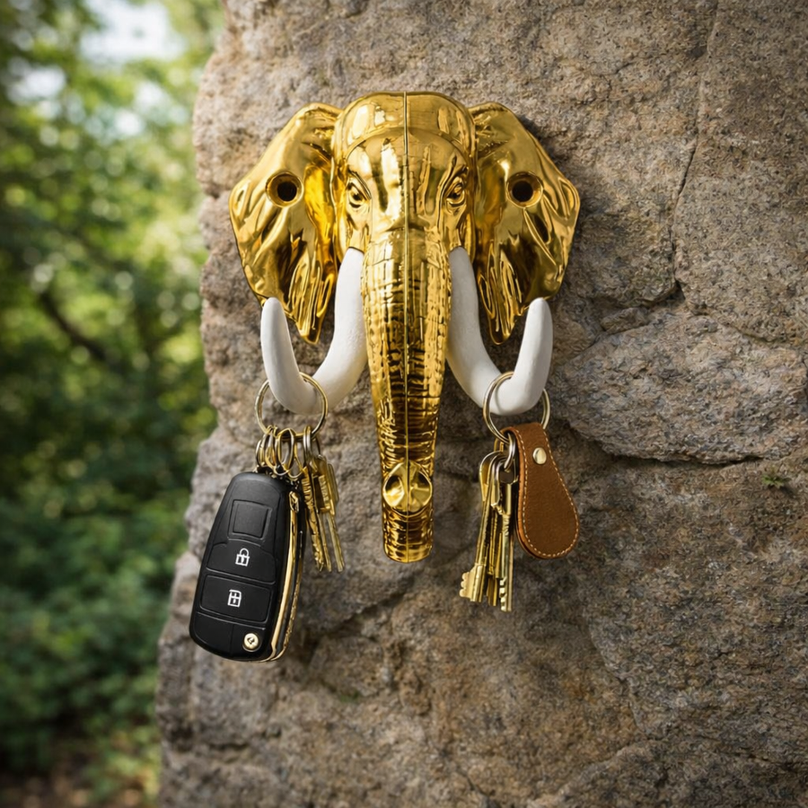 Golden Elephant Head Wall-Mounted Key Holder – Decorative Trunk Hook Organiser