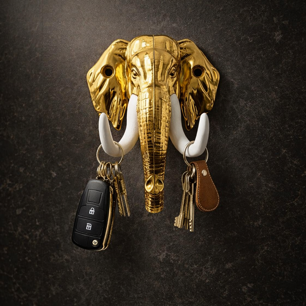 Golden Elephant Head Wall-Mounted Key Holder – Decorative Trunk Hook Organiser