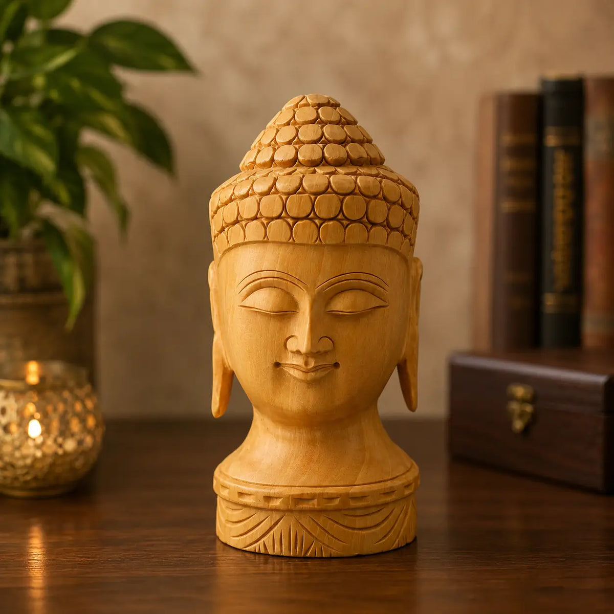 Handcrafted Wooden Buddha Head Idol Statue