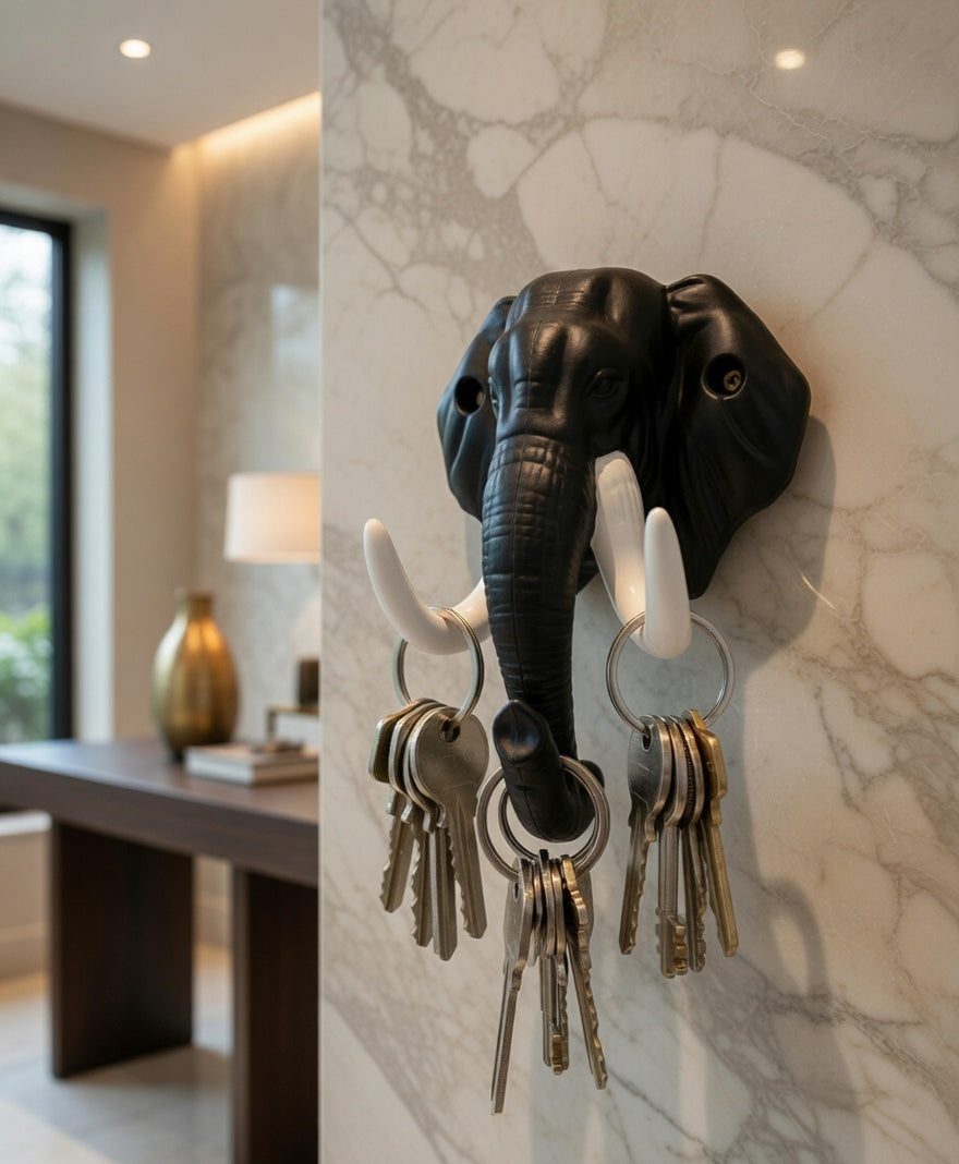 Black Elephant Trunk Wall-Mounted Key Holder – Decorative Tusk Hook Organiser