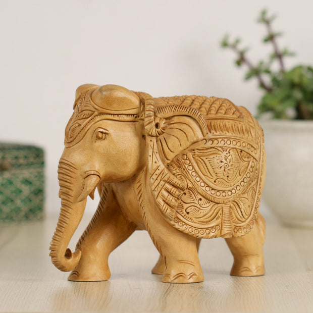 Handcrafted Wooden Elephant Figurine – Medallion & Floral Caparison Carvings | Indian Wood Art