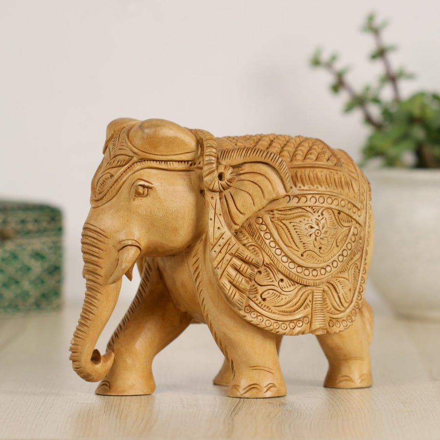 Handcrafted Wooden Elephant Figurine – Medallion & Floral Caparison Carvings | Indian Wood Art
