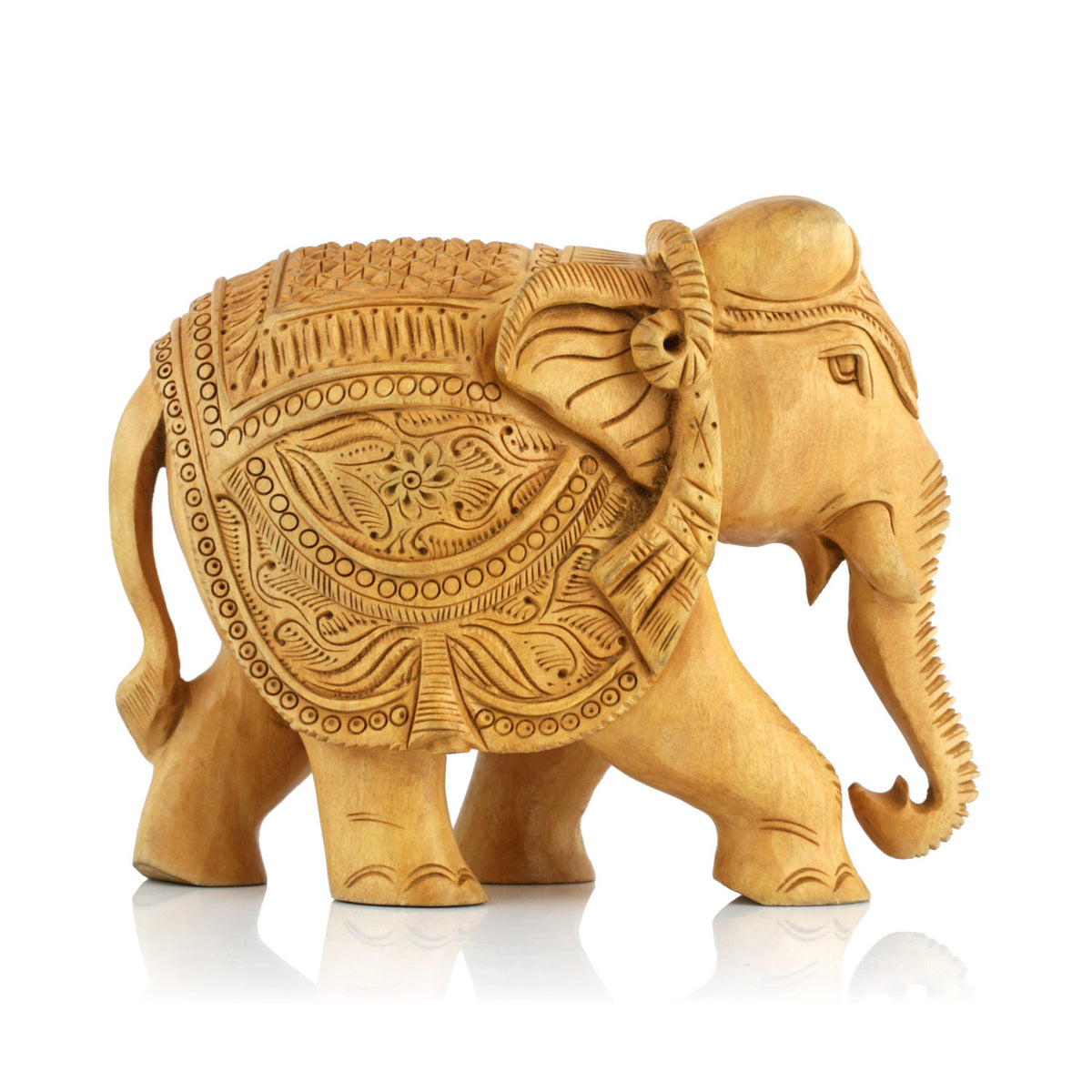 Handcrafted Wooden Elephant Figurine – Medallion & Floral Caparison Carvings | Indian Wood Art