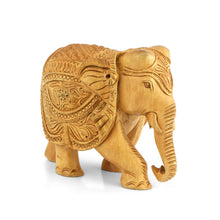 Handcrafted Wooden Elephant Figurine – Medallion & Floral Caparison Carvings | Indian Wood Art