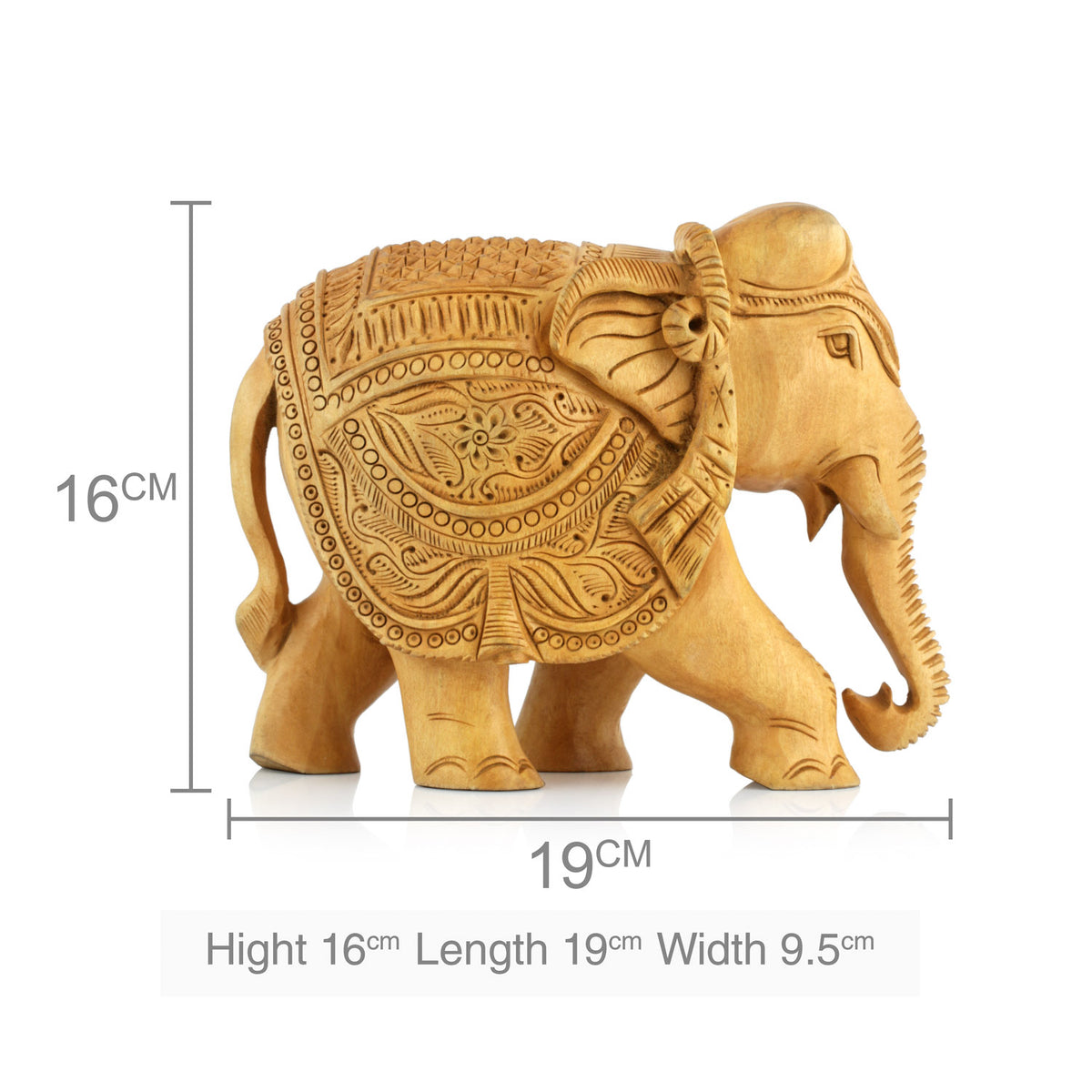 Handcrafted Wooden Elephant Figurine – Medallion & Floral Caparison Carvings | Indian Wood Art
