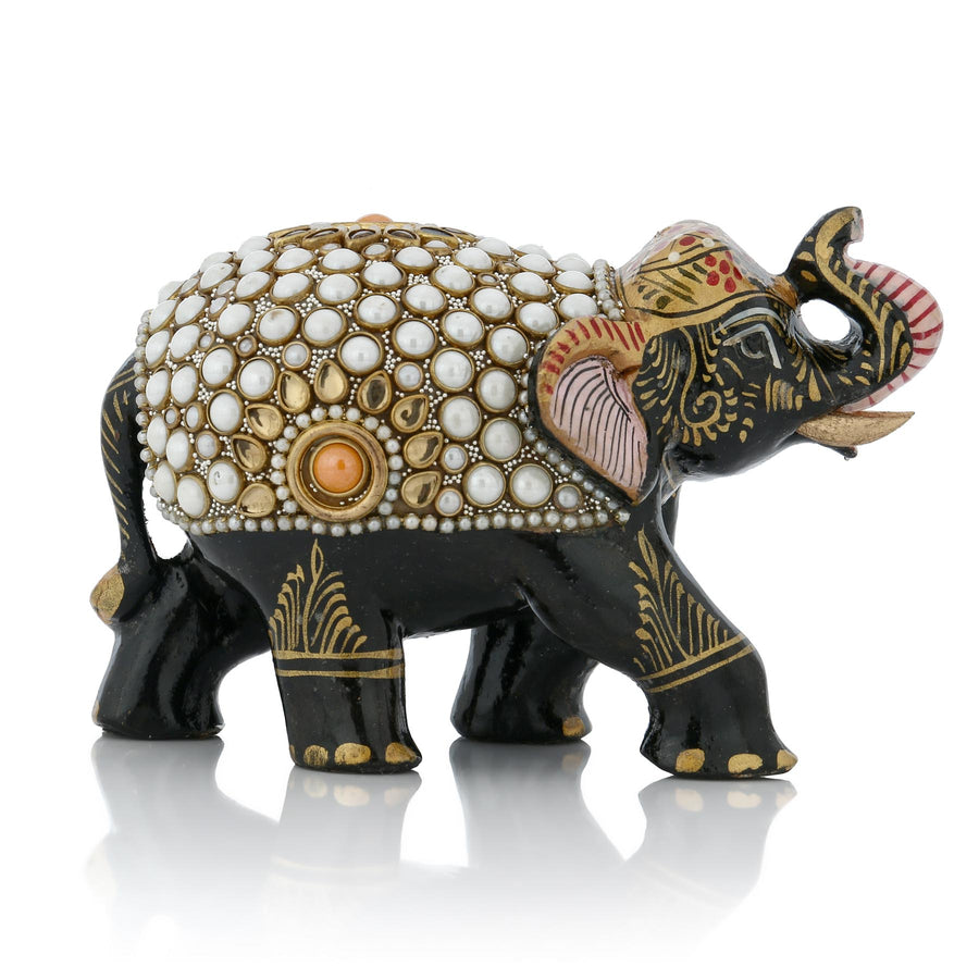 Black Pearl Mosaic Decorative Elephant Figurine – White Dot & Gold Floral Art Showpiece