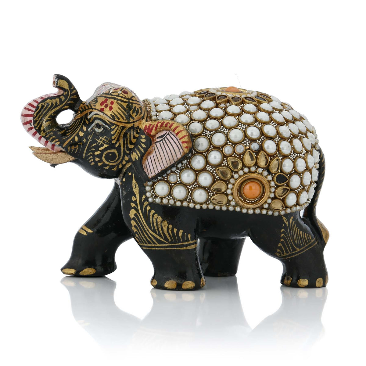 Black Pearl Mosaic Decorative Elephant Figurine – White Dot & Gold Floral Art Showpiece