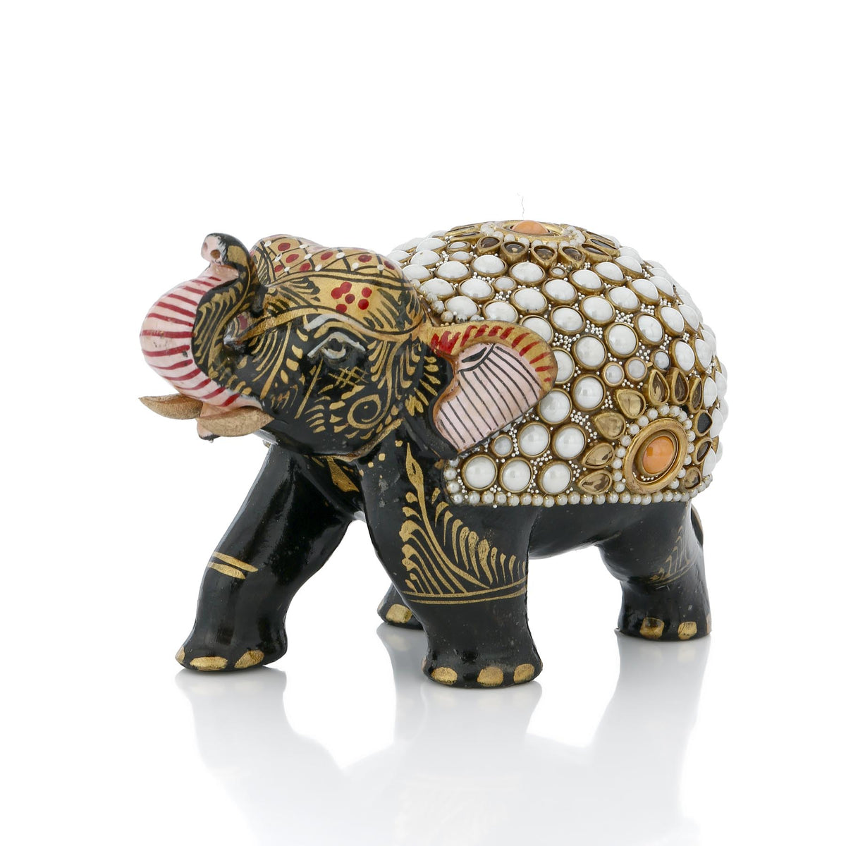 Black Pearl Mosaic Decorative Elephant Figurine – White Dot & Gold Floral Art Showpiece