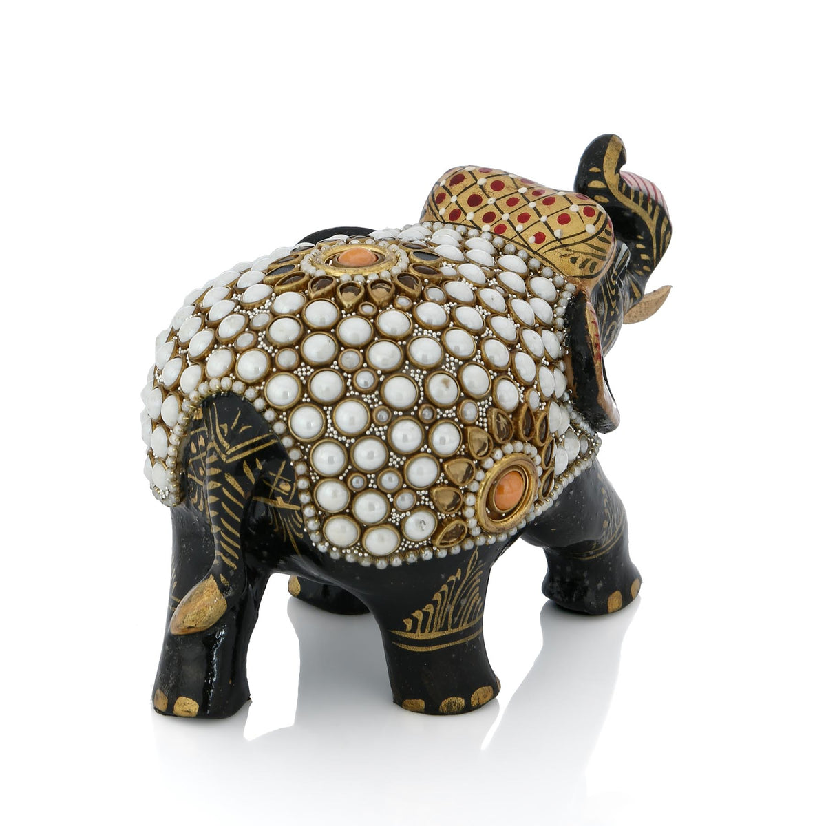 Black Pearl Mosaic Decorative Elephant Figurine – White Dot & Gold Floral Art Showpiece