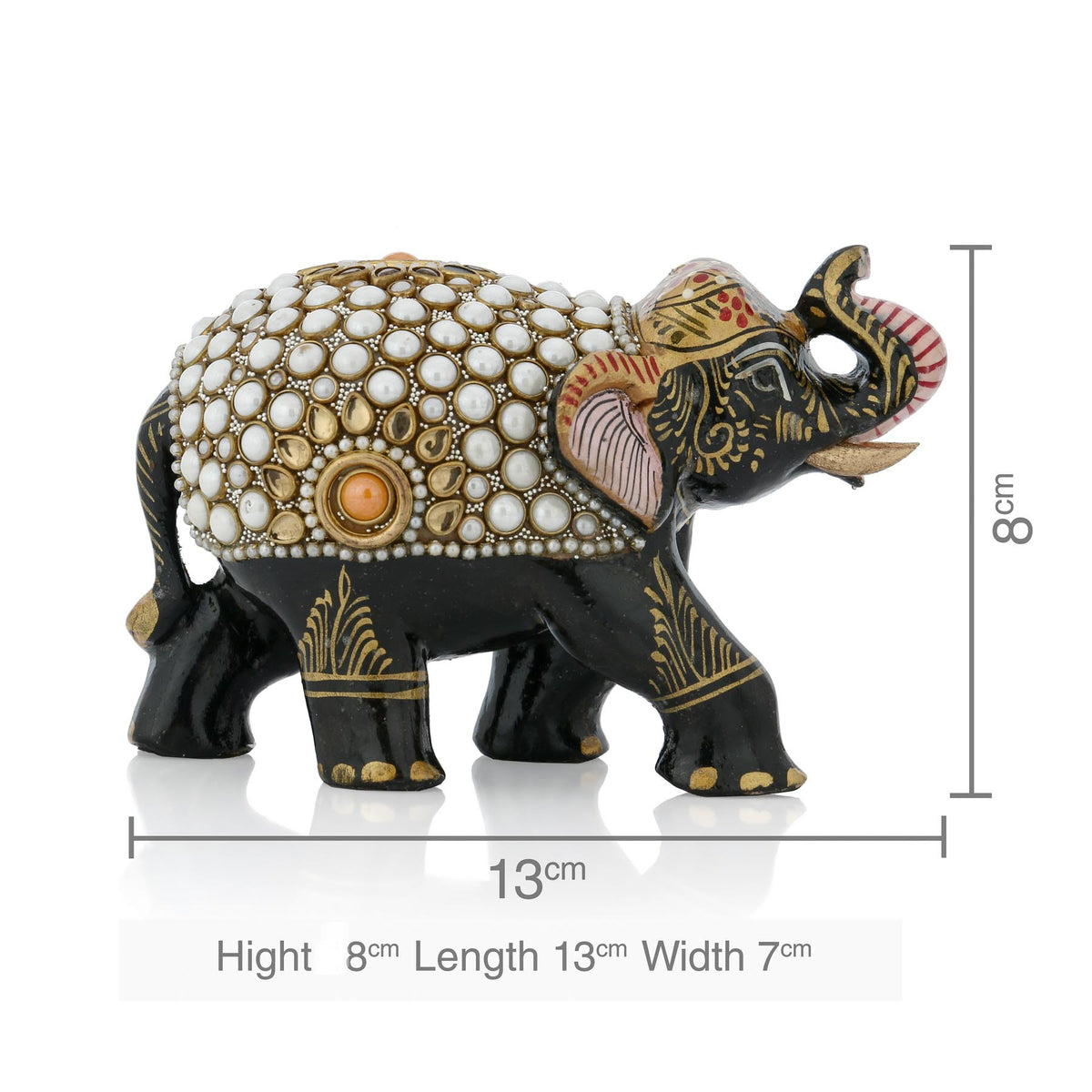 Black Pearl Mosaic Decorative Elephant Figurine – White Dot & Gold Floral Art Showpiece