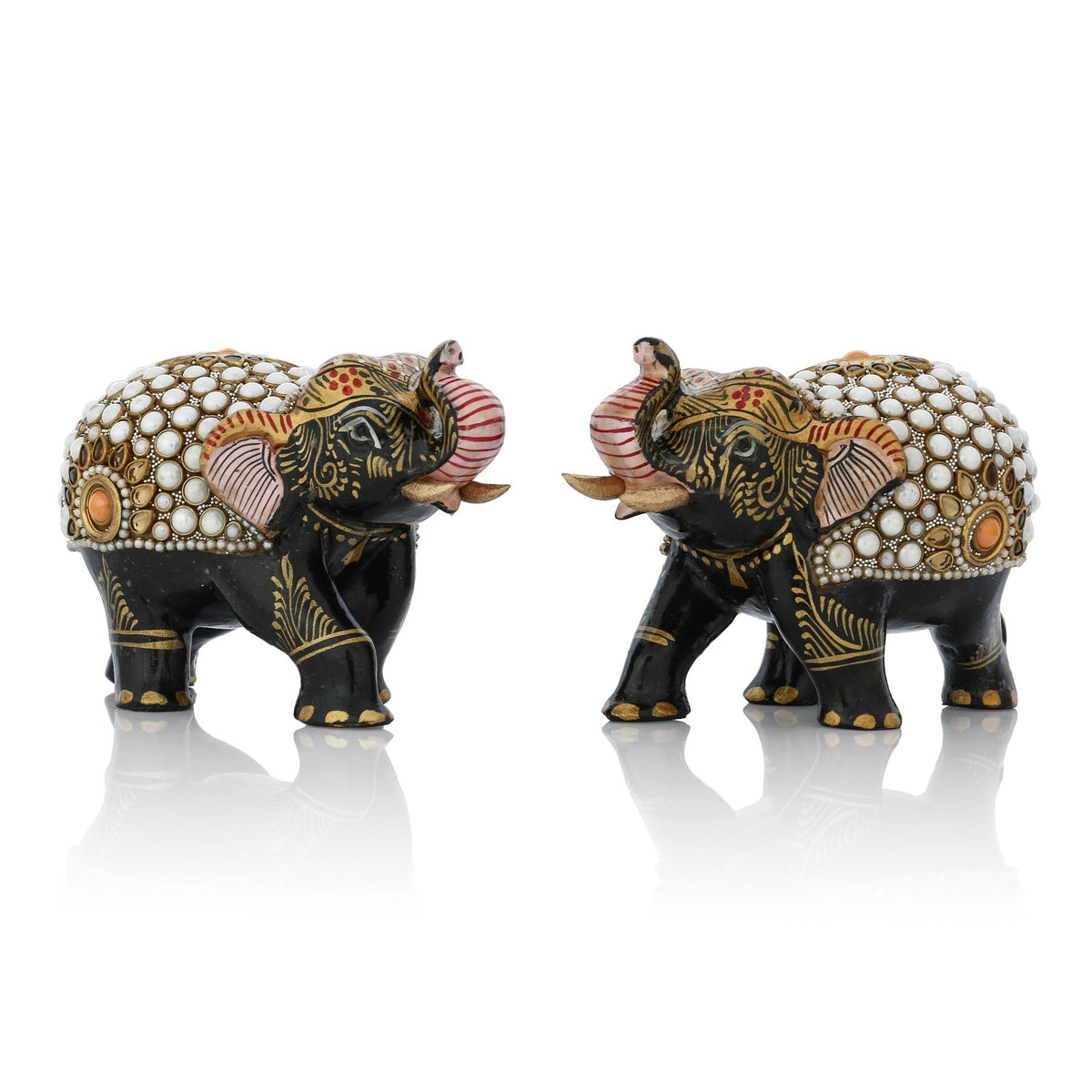 Black Pearl Mosaic Decorative Elephant Figurine – White Dot & Gold Floral Art Showpiece