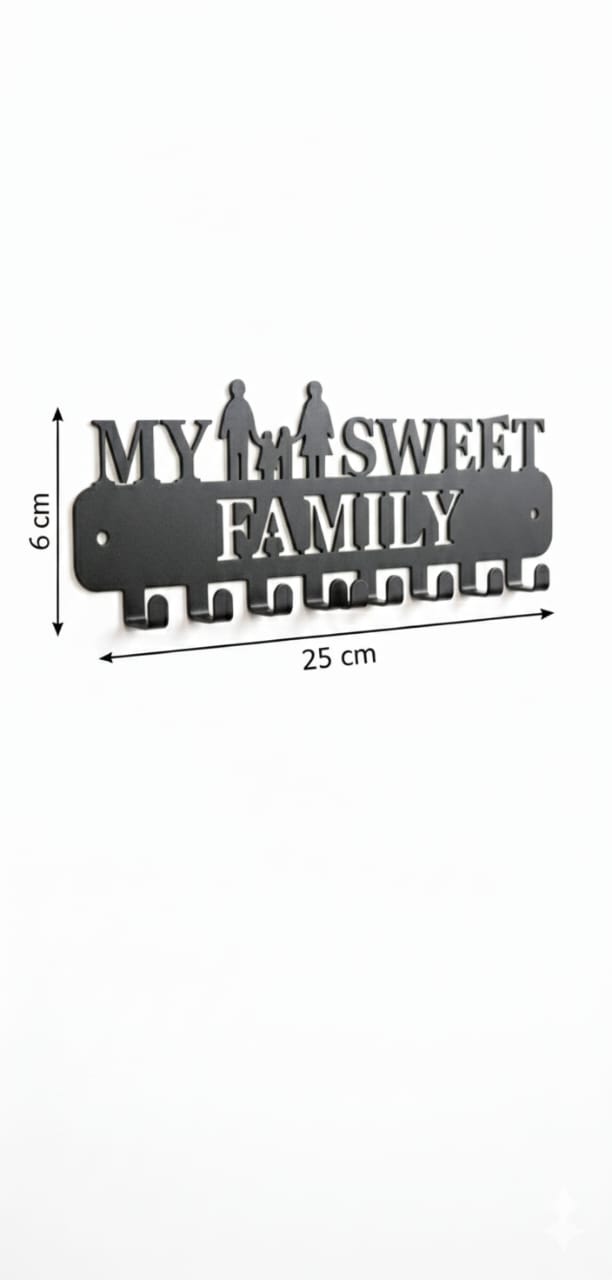 "My Sweet Family" Laser Cut Metal Wall Key Holder (7 Hooks)