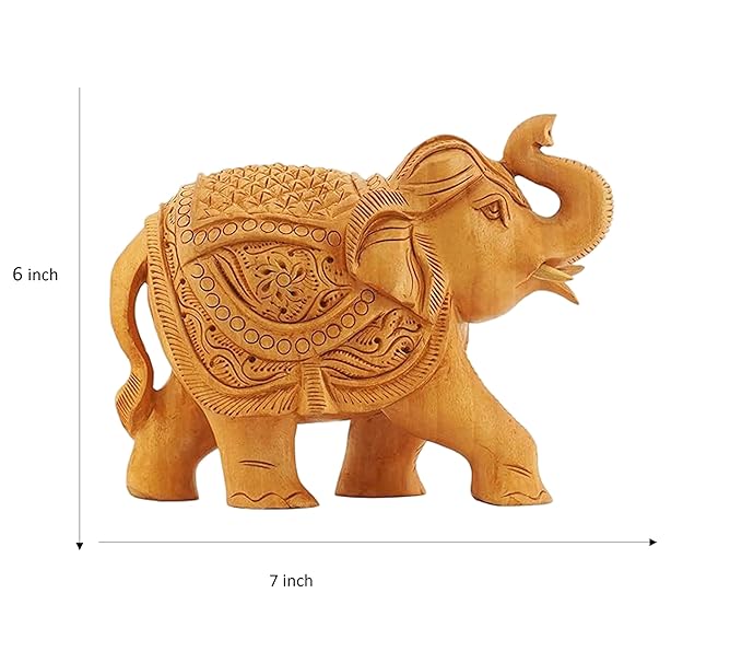 Handcrafted Wooden Elephant Figurine – Ornate Carved Showpiece with Raised Trunk for Good Luck & Home Décor