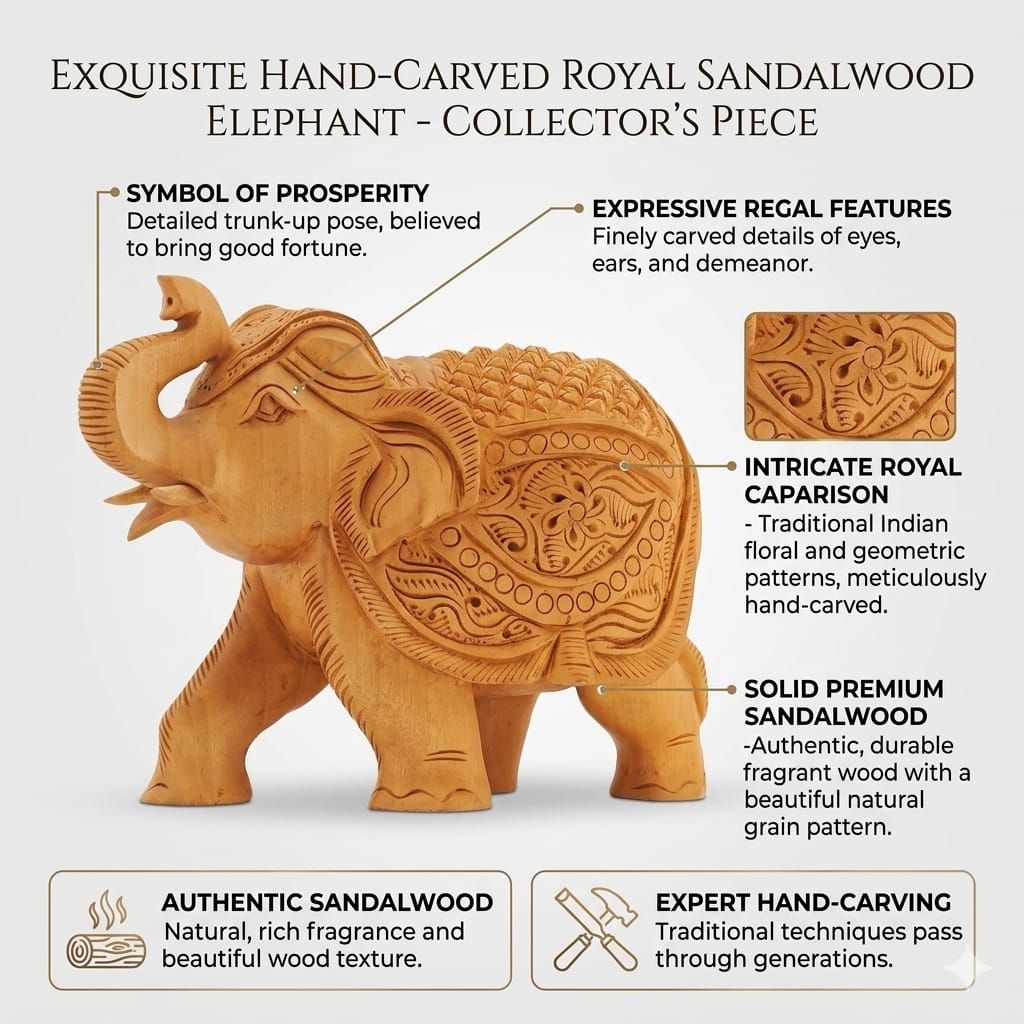Handcrafted Wooden Elephant Figurine – Ornate Carved Showpiece with Raised Trunk for Good Luck & Home Décor