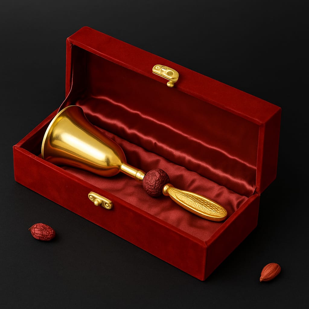Gold Puja Bell & Shankh Gift Set in Red Velvet Box