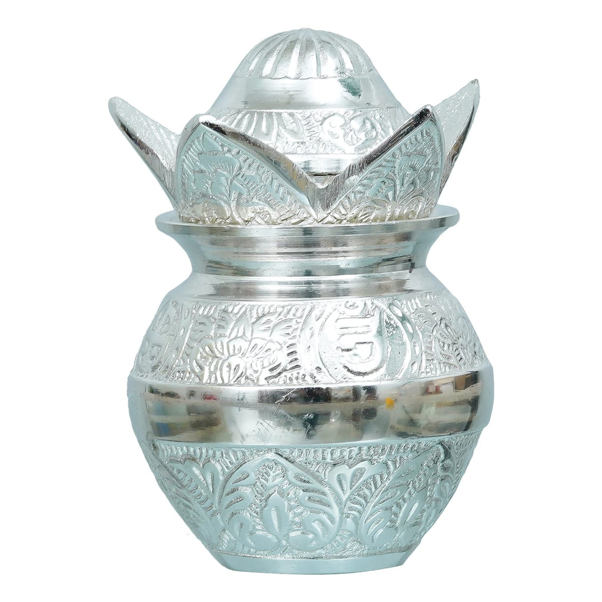 Silver-Finish Puja Kalash with Lotus Lid in Red Velvet Gift Box