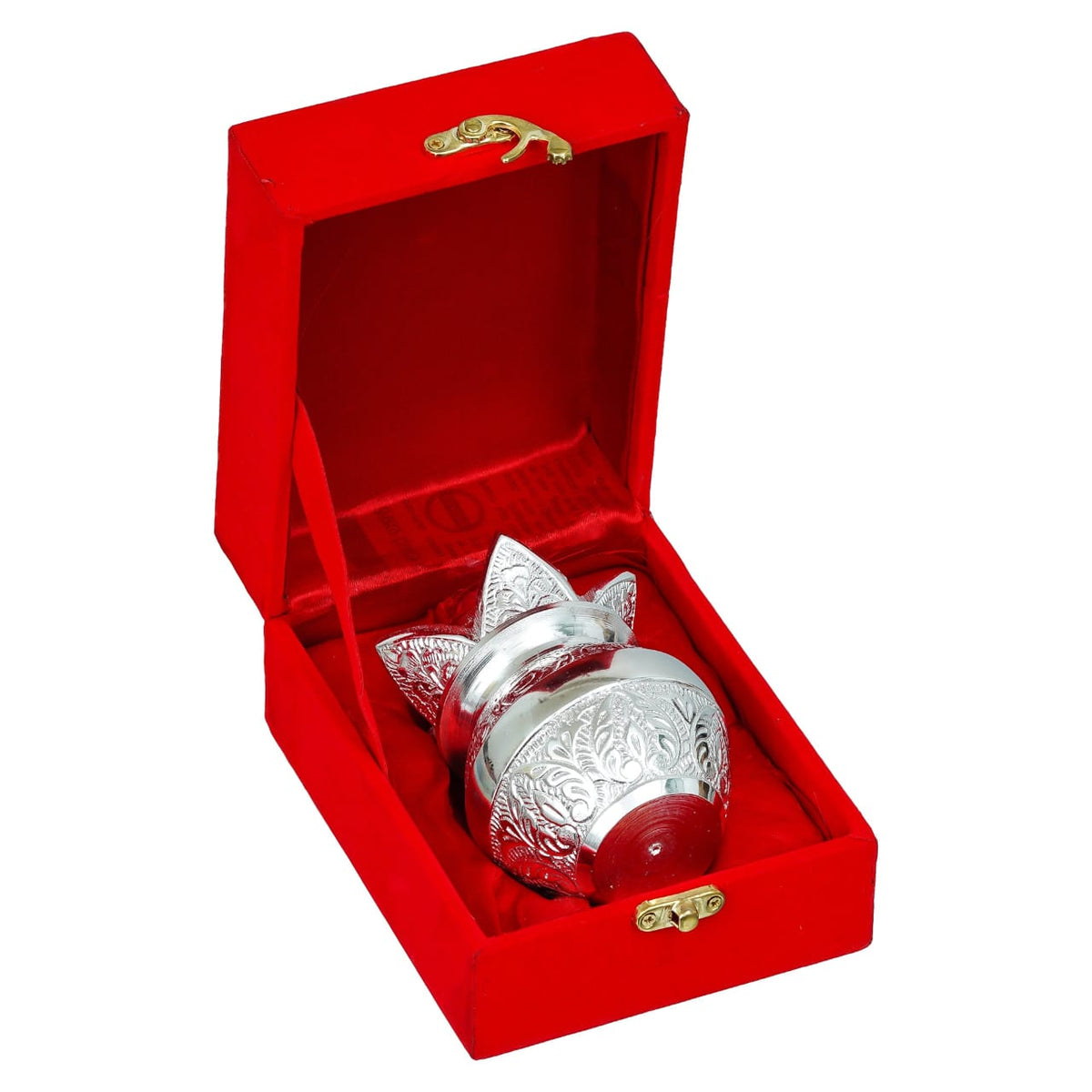 Silver-Finish Puja Kalash with Lotus Lid in Red Velvet Gift Box