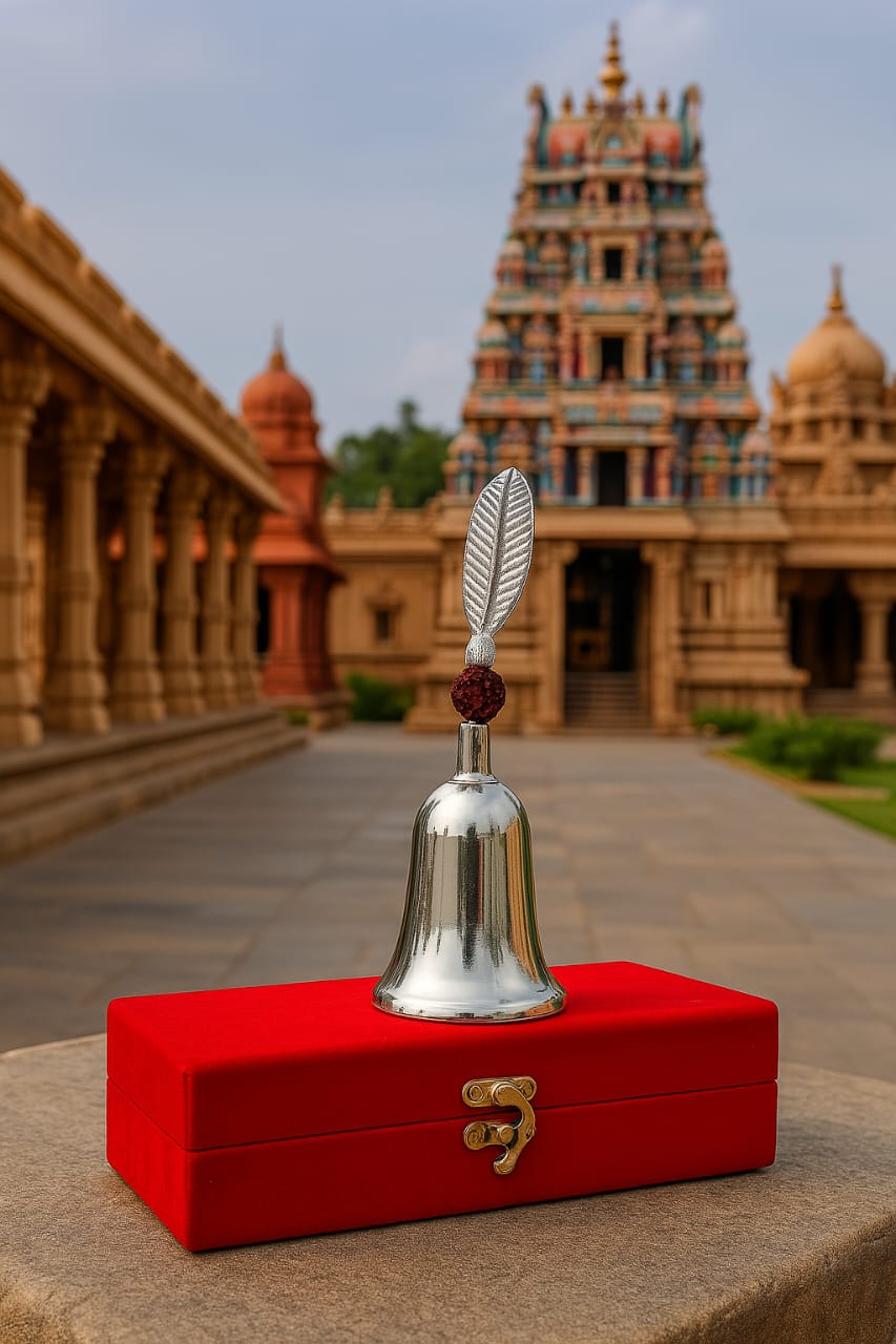 Silver-Finish Temple Bell with Peacock Feather in Red Velvet Gift Box