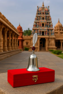 Silver-Finish Temple Bell with Peacock Feather in Red Velvet Gift Box