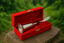 Silver-Finish Temple Bell with Peacock Feather in Red Velvet Gift Box