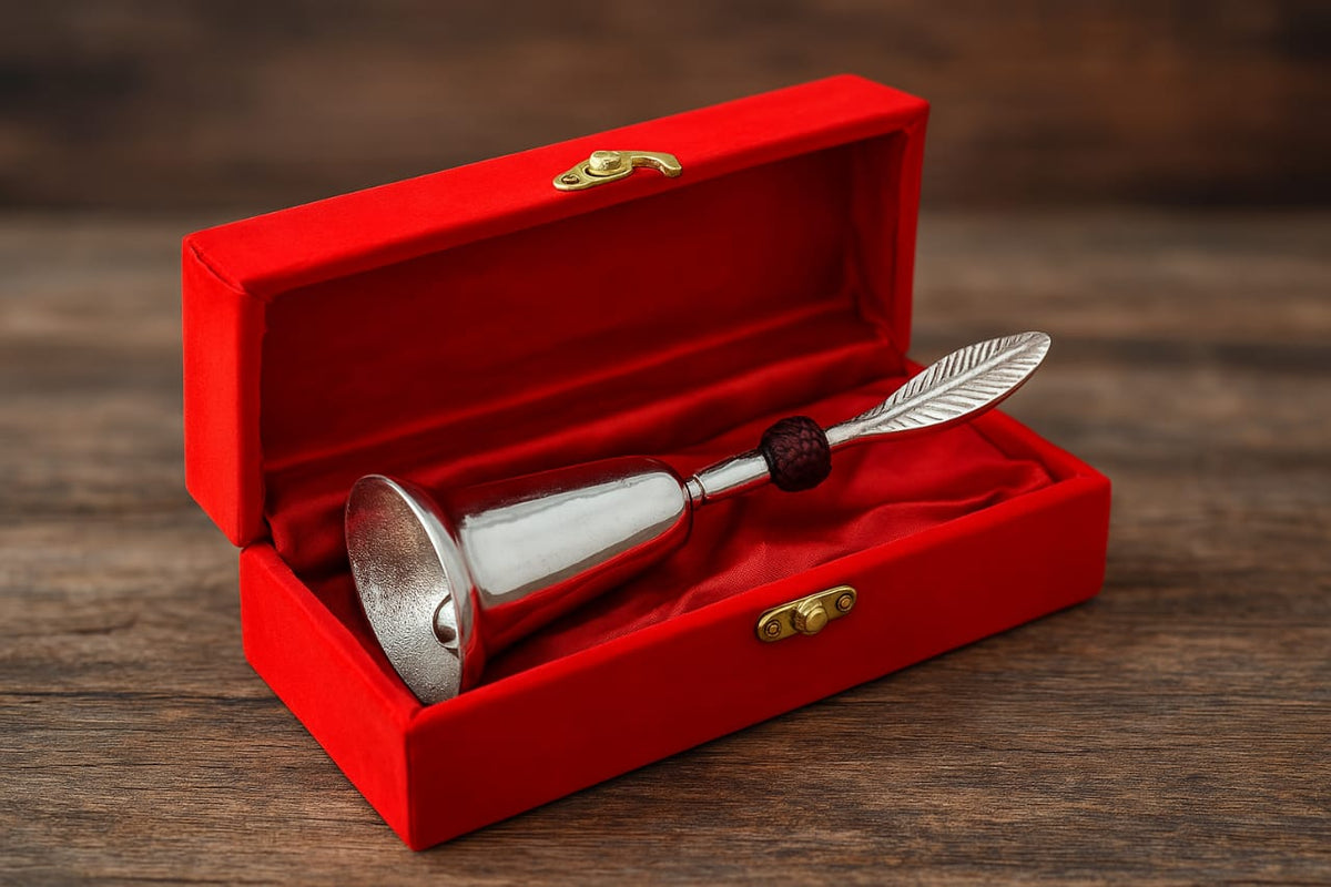 Silver-Finish Temple Bell with Peacock Feather in Red Velvet Gift Box