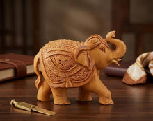 Handcrafted Wooden Elephant Figurine – Upward Trunk with Ornate Caparison Carvings