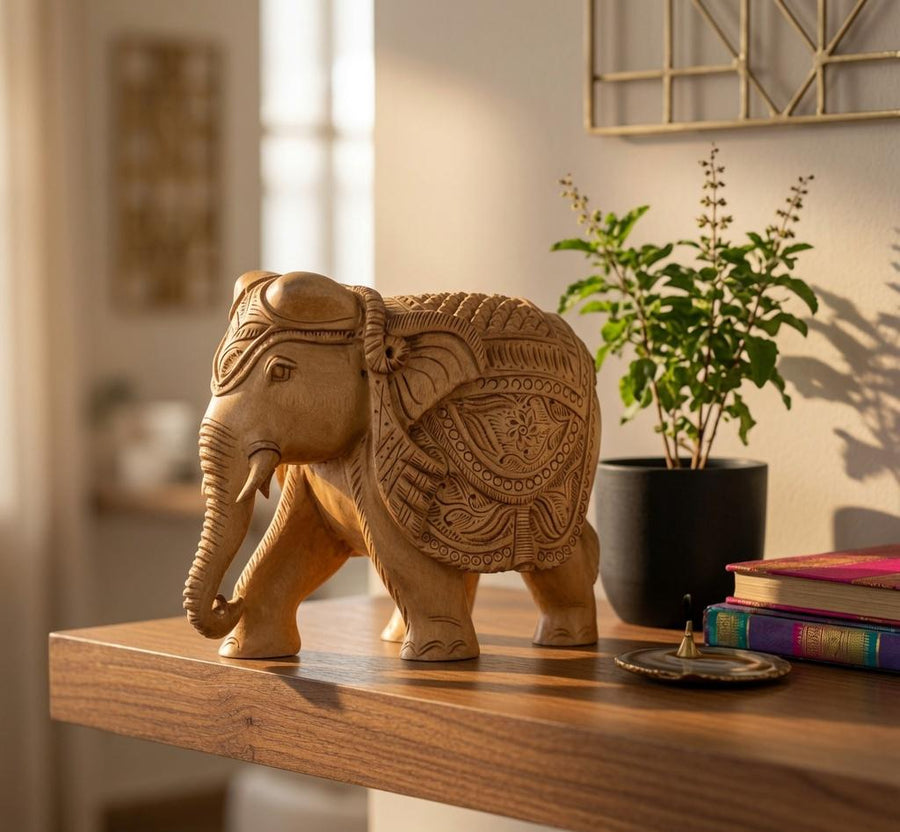 Handcrafted Wooden Elephant Figurine – Medallion & Floral Caparison Carvings | Indian Wood Art