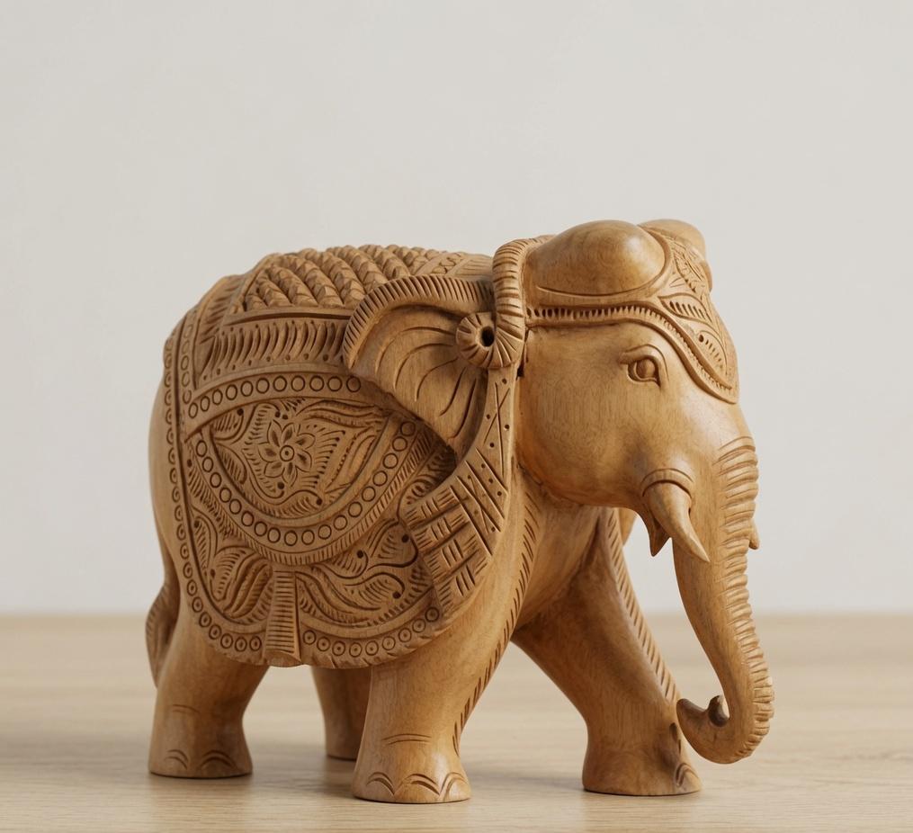 Handcrafted Wooden Elephant Figurine – Medallion & Floral Caparison Carvings | Indian Wood Art