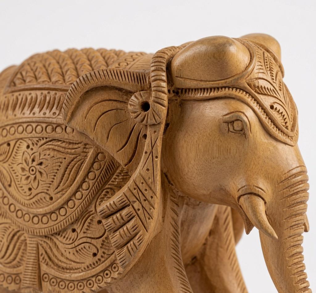 Handcrafted Wooden Elephant Figurine – Medallion & Floral Caparison Carvings | Indian Wood Art