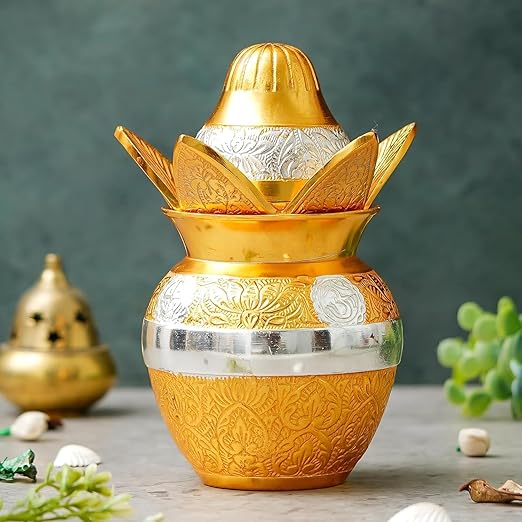 Handcrafted Gold-Finish Kalash with Lotus Lid