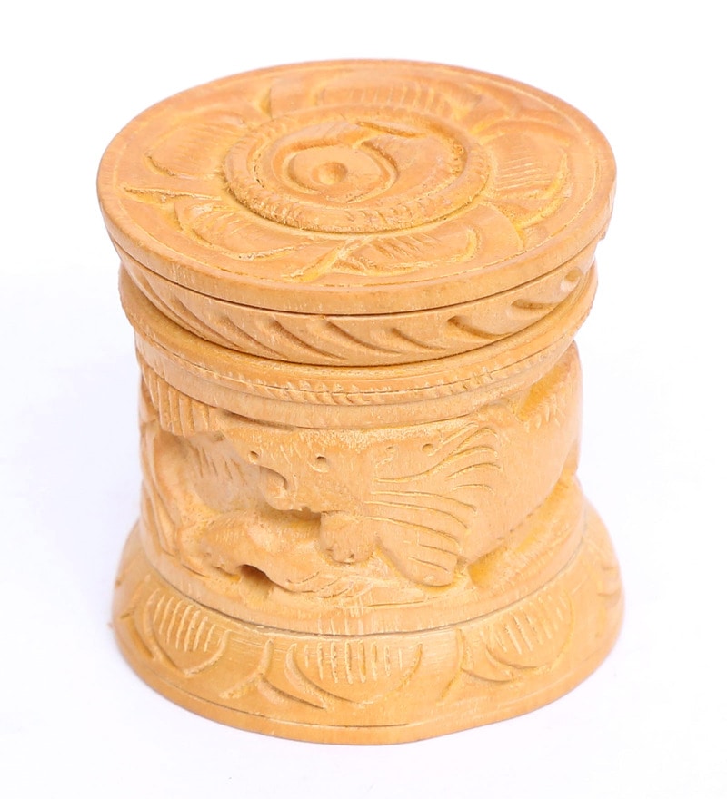 Handcrafted Wooden Decorative Box with Lid – Elephant & Floral Carved Cylinder