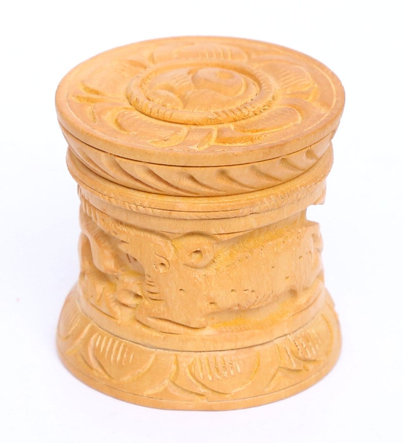 Handcrafted Wooden Decorative Box with Lid – Elephant & Floral Carved Cylinder