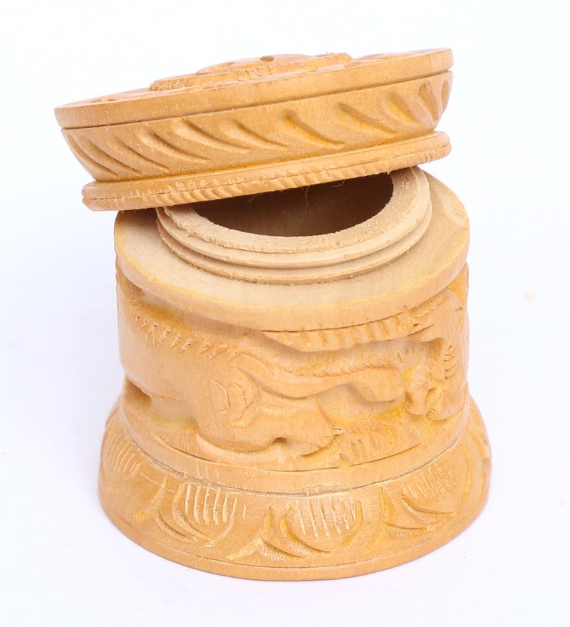 Handcrafted Wooden Decorative Box with Lid – Elephant & Floral Carved Cylinder
