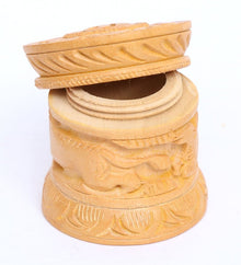 Handcrafted Wooden Decorative Box with Lid – Elephant & Floral Carved Cylinder