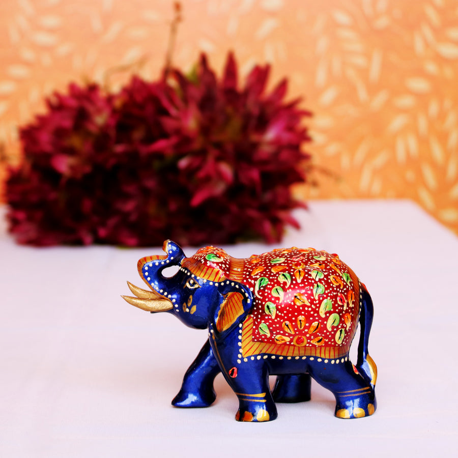 Meenakari Art Elephant Figurine – Royal Blue & Red Enamel Floral Caparison | Indian Craft