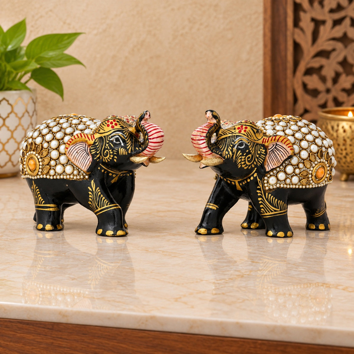 Black Pearl Mosaic Decorative Elephant Figurine – White Dot & Gold Floral Art Showpiece