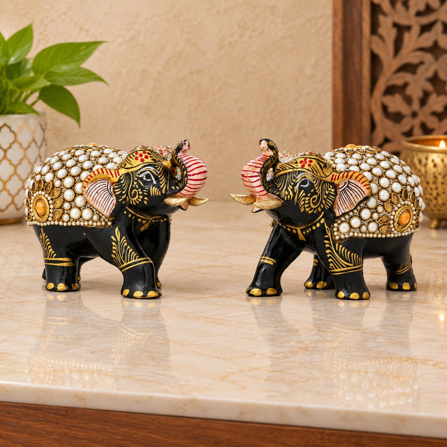Black Pearl Mosaic Decorative Elephant Figurine – White Dot & Gold Floral Art Showpiece