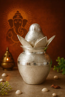 Handcrafted Silver-Finish Kalash with Lotus Lid