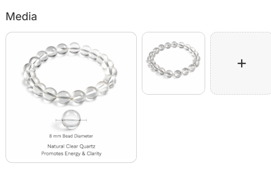 Natural clear quartz crystal bracelet with 8mm round beads shown flat and at angle with bead size and benefits callout