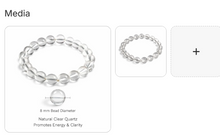 Natural clear quartz crystal bracelet with 8mm round beads shown flat and at angle with bead size and benefits callout