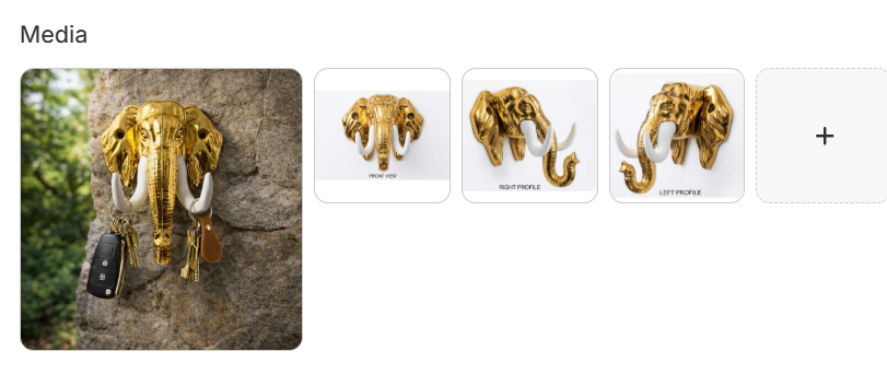 Golden elephant head wall-mounted key holder with trunk hooks shown from front, right profile, and left profile views